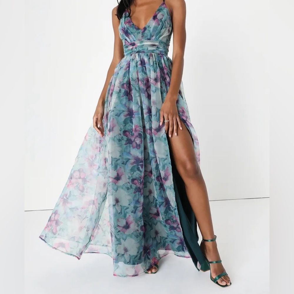 Lulus Romance that Wows Dark Teal Floral Print Organza Maxi dress